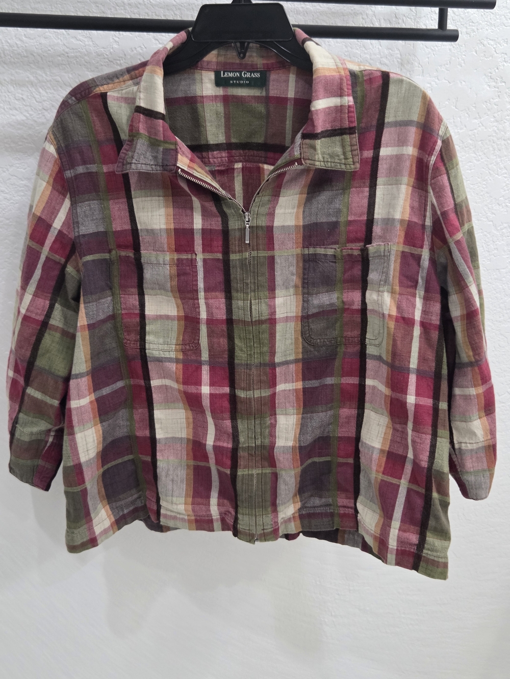 Lemon Grass Studio Plaid Cropped Zip Jacket Unisex L 3/4 Sleeve Boho